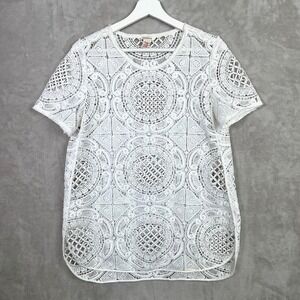 Sundance S White Boho Crochet Lace Sheer Top Short Sleeve Festival Cottagecore